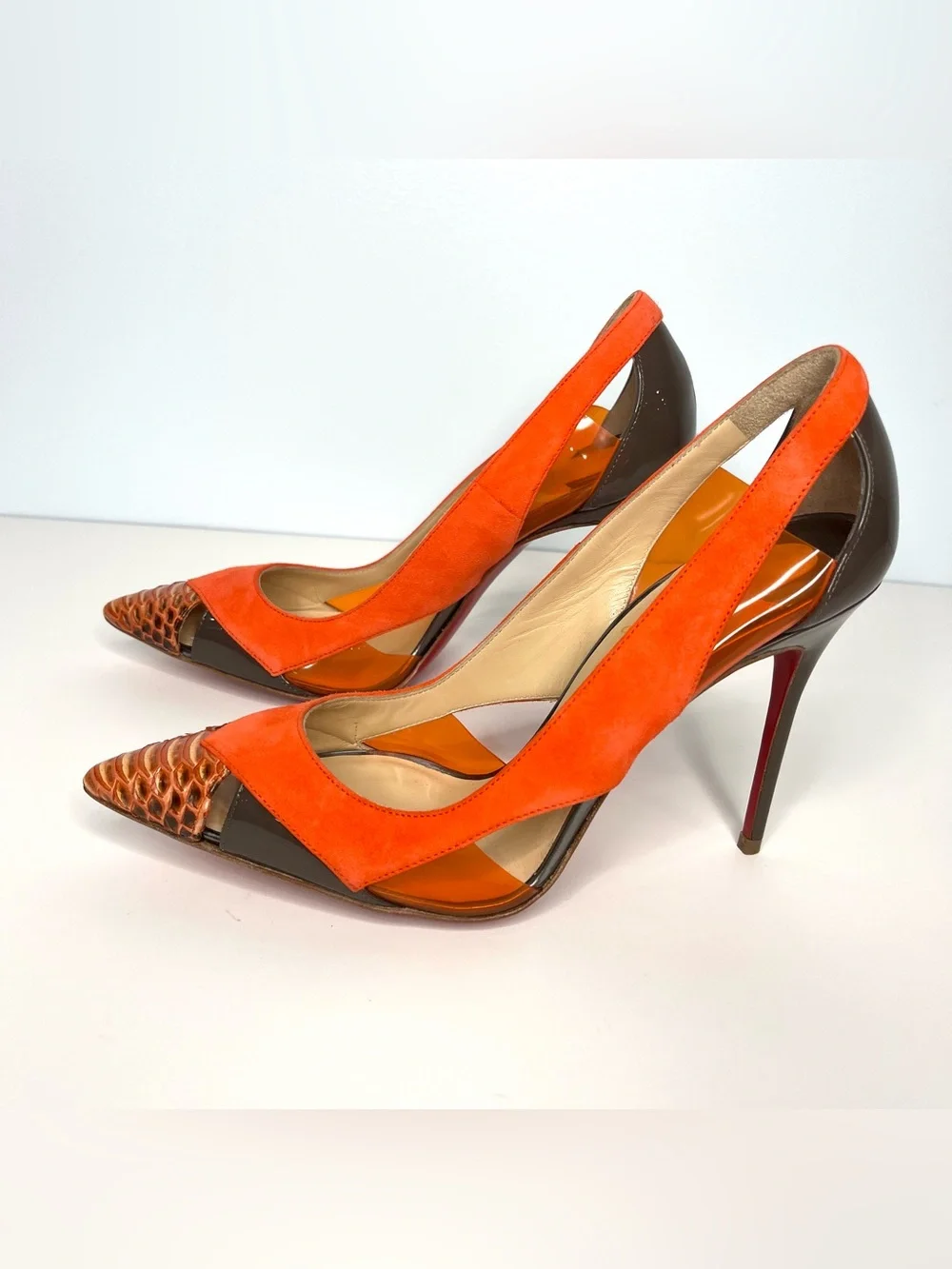 NEW Christian Louboutin Women's Size 36 Orange Suede Snake Pumps Stiletto Heels